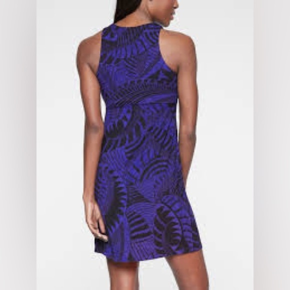 Athleta Santorini Blue black Leaf Print High Neck Dress Small Sleeveless casual - Picture 4 of 11